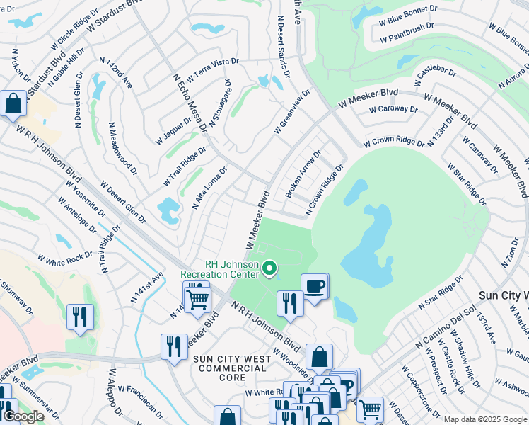 map of restaurants, bars, coffee shops, grocery stores, and more near 13633 Pyracantha Drive in Sun City West