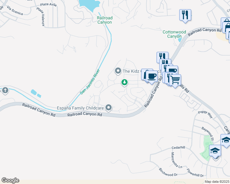 map of restaurants, bars, coffee shops, grocery stores, and more near 24133 Bluebell Court in Lake Elsinore
