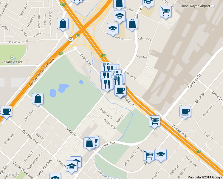 map of restaurants, bars, coffee shops, grocery stores, and more near 1512 Bristol St in Costa Mesa