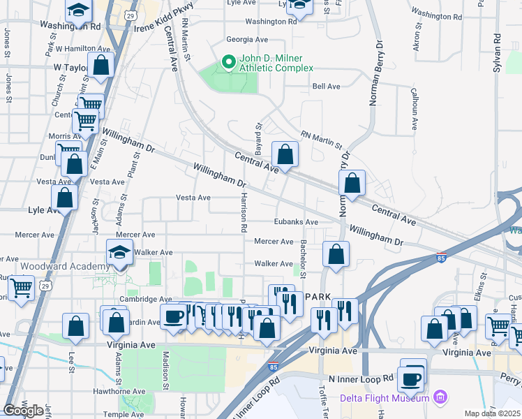 map of restaurants, bars, coffee shops, grocery stores, and more near 1314 Egan Way in East Point