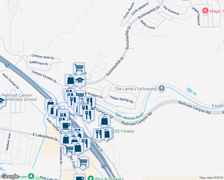 map of restaurants, bars, coffee shops, grocery stores, and more near 30868 Ridgeview Drive in Lake Elsinore