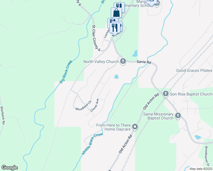 map of restaurants, bars, coffee shops, grocery stores, and more near 20 Clover Street in Odenville