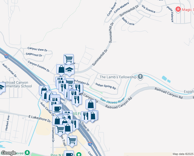 map of restaurants, bars, coffee shops, grocery stores, and more near 30739 Ridgeview Drive in Lake Elsinore
