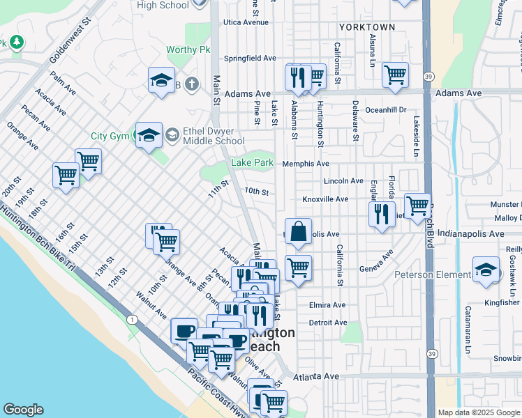 map of restaurants, bars, coffee shops, grocery stores, and more near 220 Crest Avenue in Huntington Beach