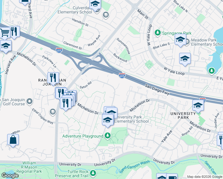 map of restaurants, bars, coffee shops, grocery stores, and more near 30 Seton Road in Irvine