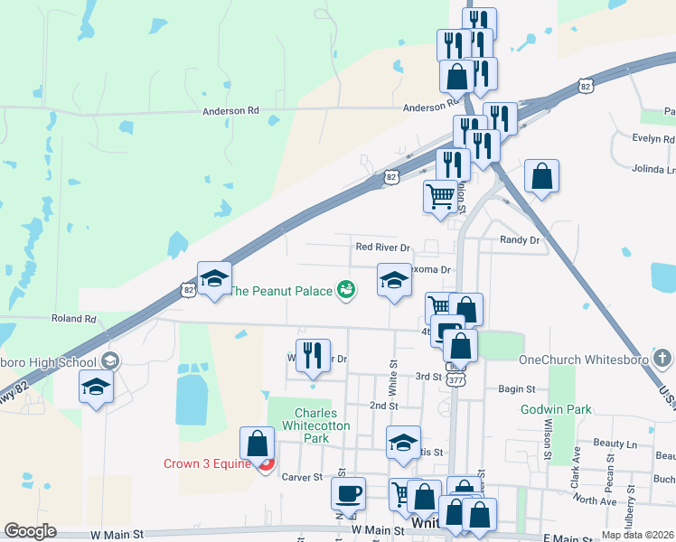 map of restaurants, bars, coffee shops, grocery stores, and more near 303 Texoma Drive in Whitesboro