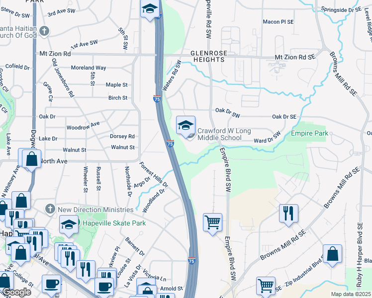 map of restaurants, bars, coffee shops, grocery stores, and more near 3200 Latona Drive Southwest in Atlanta