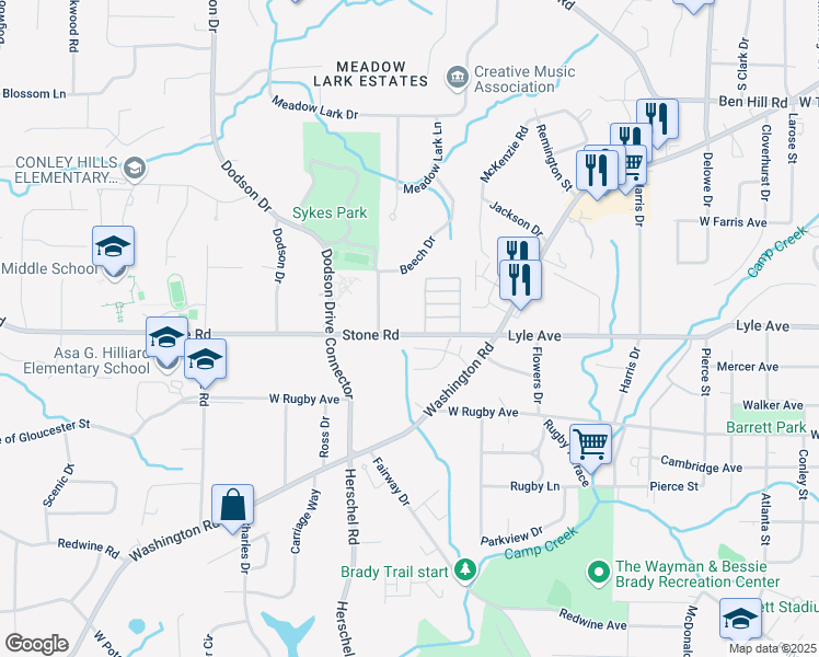 map of restaurants, bars, coffee shops, grocery stores, and more near 2469 Stone Road in East Point