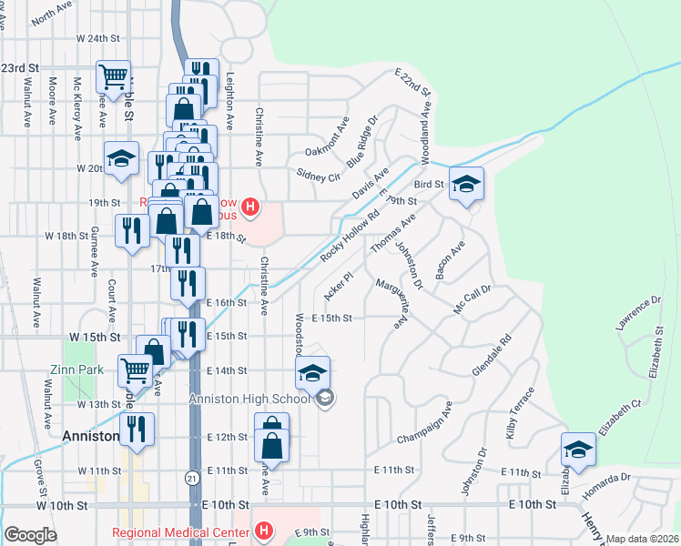 map of restaurants, bars, coffee shops, grocery stores, and more near 1620 Acker Place in Anniston