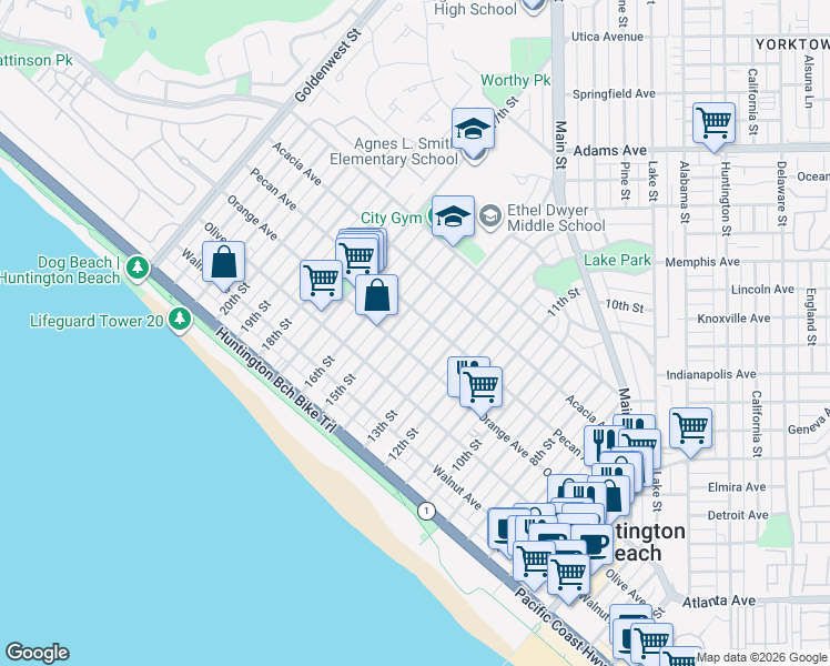 map of restaurants, bars, coffee shops, grocery stores, and more near in Huntington Beach
