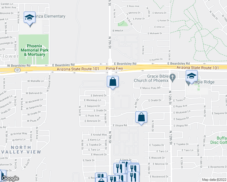 map of restaurants, bars, coffee shops, grocery stores, and more near 19815 North 7th Street in Phoenix