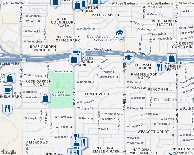 map of restaurants, bars, coffee shops, grocery stores, and more near 19809 North 17th Drive in Phoenix