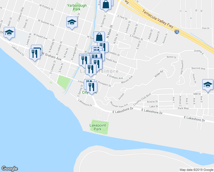 map of restaurants, bars, coffee shops, grocery stores, and more near 160 South Chestnut Street in Lake Elsinore