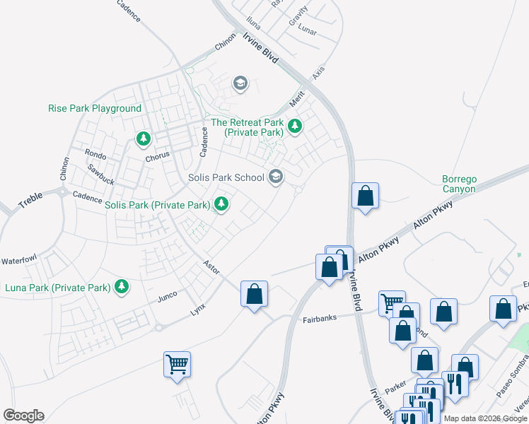 map of restaurants, bars, coffee shops, grocery stores, and more near 8510-8798 Perimeter Road in Irvine