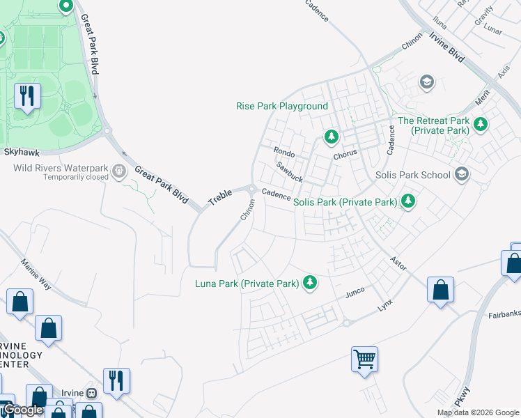map of restaurants, bars, coffee shops, grocery stores, and more near Z Street in Irvine