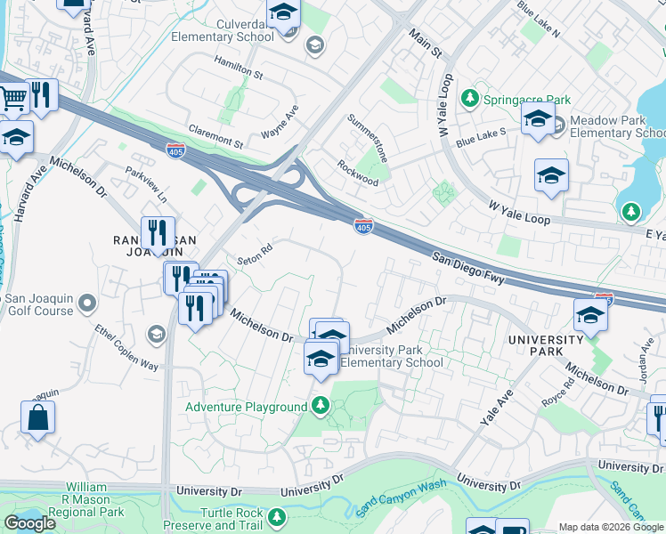 map of restaurants, bars, coffee shops, grocery stores, and more near 30 Seton Road in Irvine