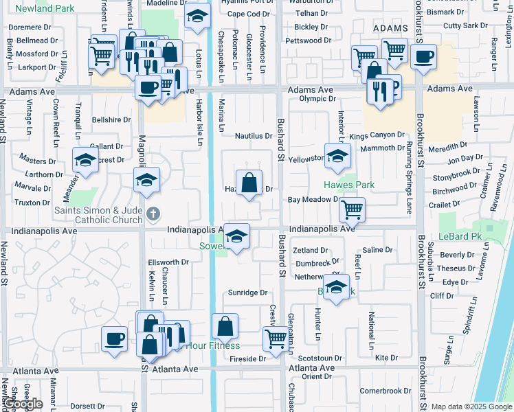 map of restaurants, bars, coffee shops, grocery stores, and more near 20412 Anchor Circle in Huntington Beach