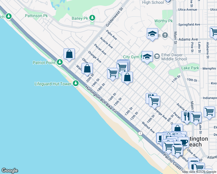 map of restaurants, bars, coffee shops, grocery stores, and more near 218 17th Street in Huntington Beach
