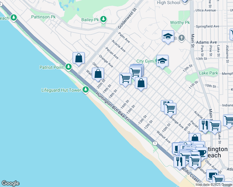 map of restaurants, bars, coffee shops, grocery stores, and more near 120 18th Street in Huntington Beach
