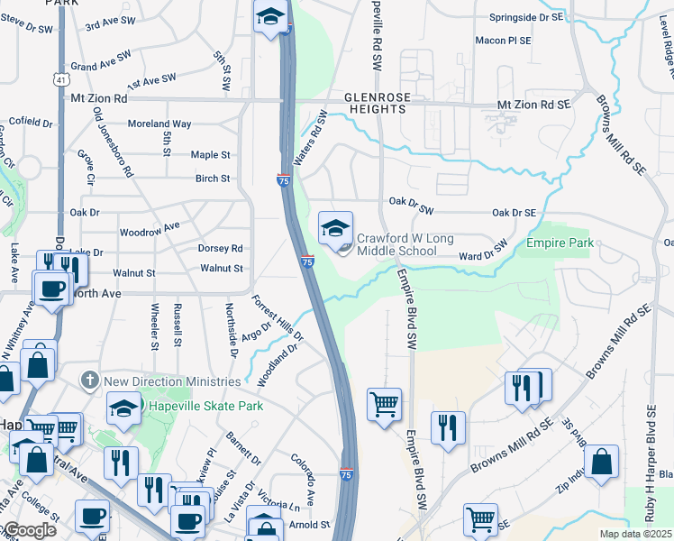 map of restaurants, bars, coffee shops, grocery stores, and more near State Highway 401 in Hapeville