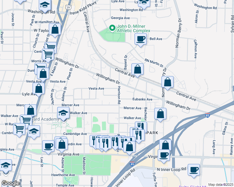 map of restaurants, bars, coffee shops, grocery stores, and more near 1408 Vesta Terrace in East Point