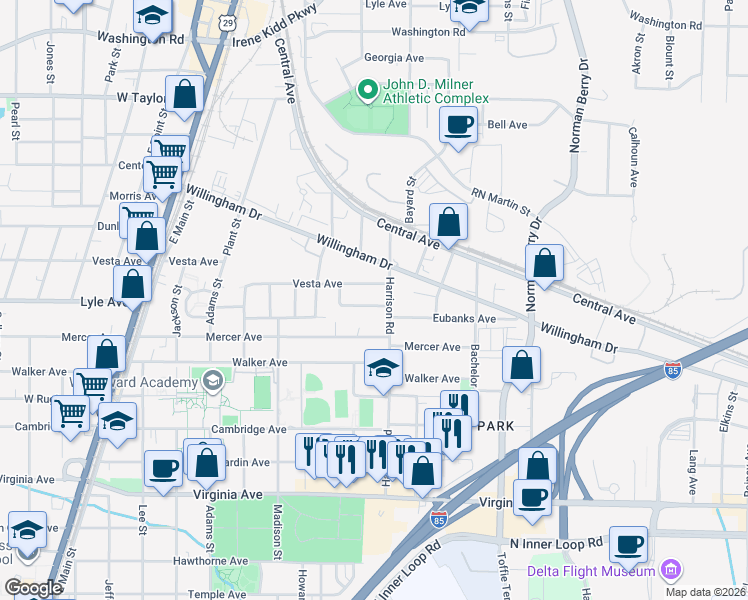 map of restaurants, bars, coffee shops, grocery stores, and more near 1409 Vesta Terrace in East Point