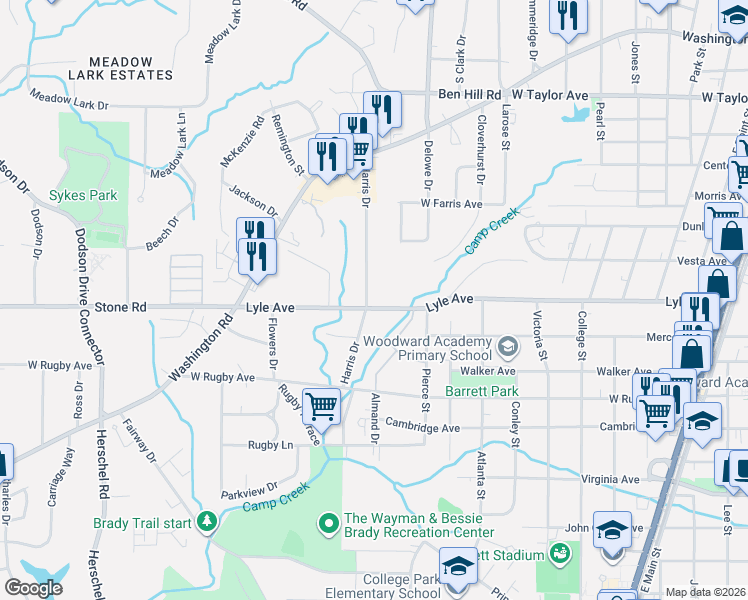map of restaurants, bars, coffee shops, grocery stores, and more near 3290 Harris Drive in College Park