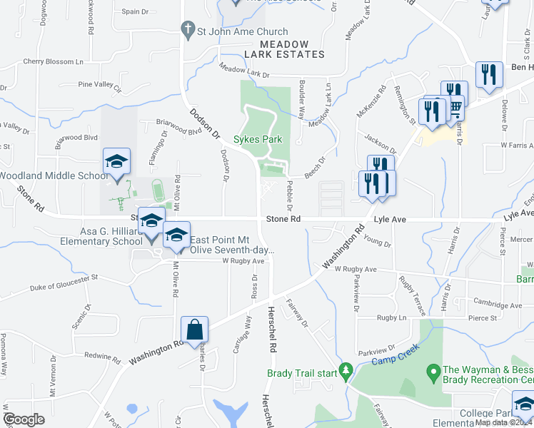 map of restaurants, bars, coffee shops, grocery stores, and more near 2539 Stone Road in Atlanta