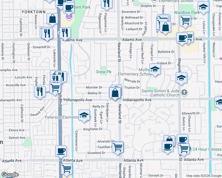 map of restaurants, bars, coffee shops, grocery stores, and more near 8422 Munster Drive in Huntington Beach
