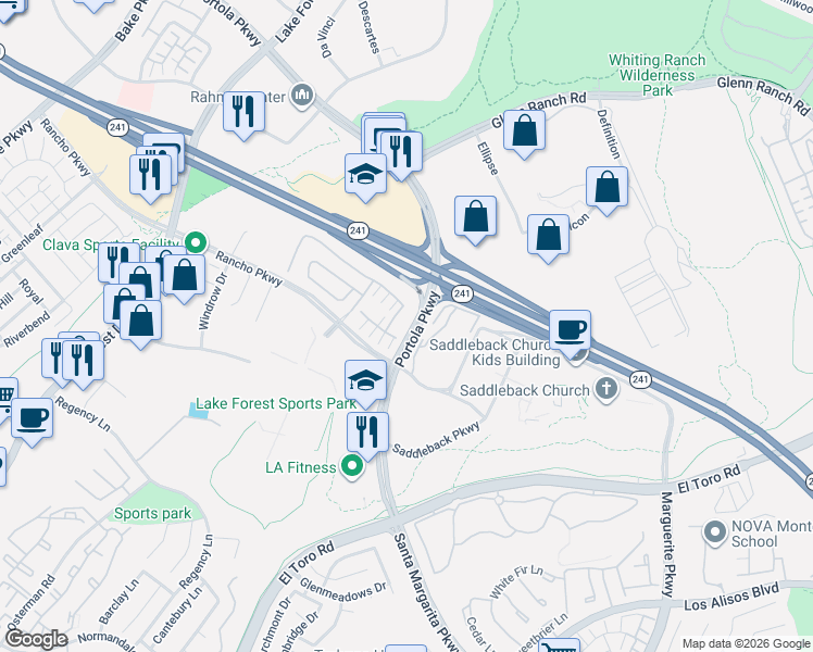map of restaurants, bars, coffee shops, grocery stores, and more near 95 Mesa Verde Lane in Lake Forest