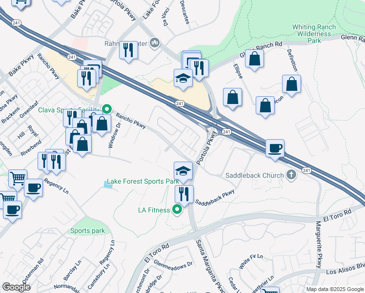 map of restaurants, bars, coffee shops, grocery stores, and more near 215 Bryce Run in Lake Forest