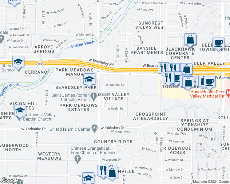 map of restaurants, bars, coffee shops, grocery stores, and more near 3331 West Marco Polo Road in Phoenix