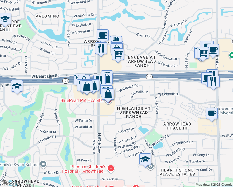 map of restaurants, bars, coffee shops, grocery stores, and more near 6498 West Wahalla Lane in Glendale