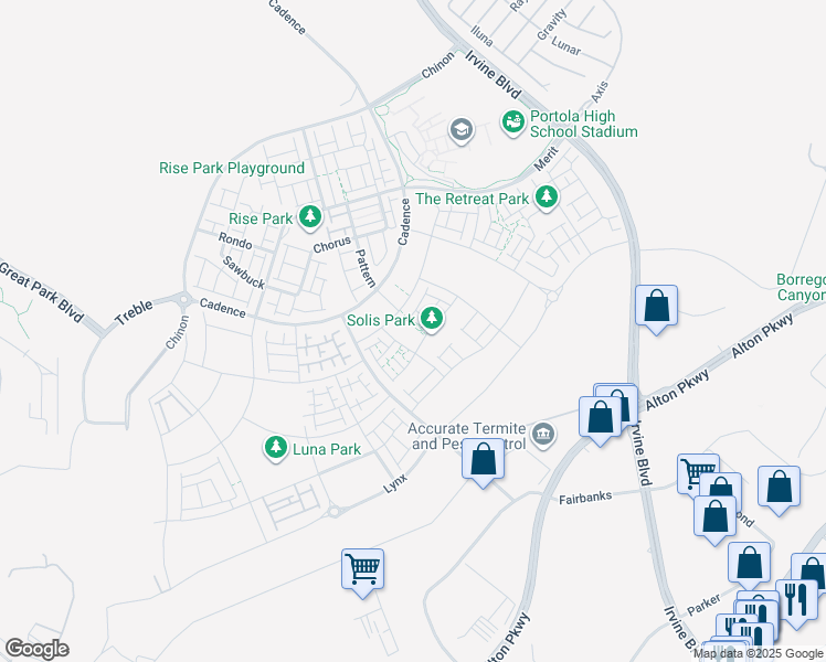 map of restaurants, bars, coffee shops, grocery stores, and more near Z Street in Irvine