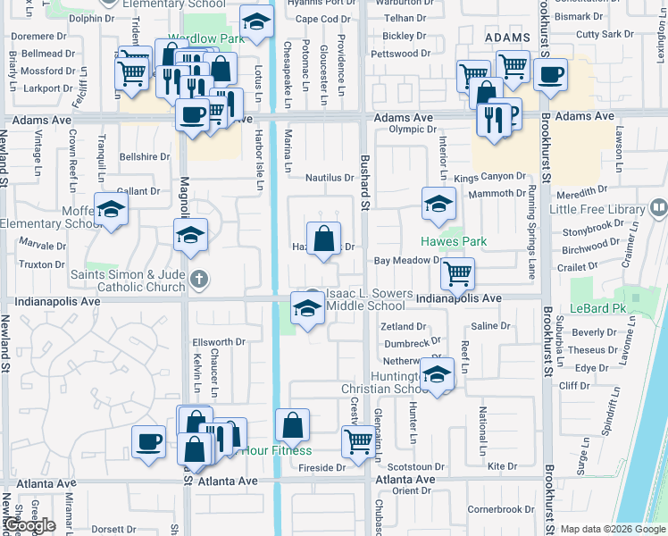 map of restaurants, bars, coffee shops, grocery stores, and more near 20412 Anchor Circle in Huntington Beach