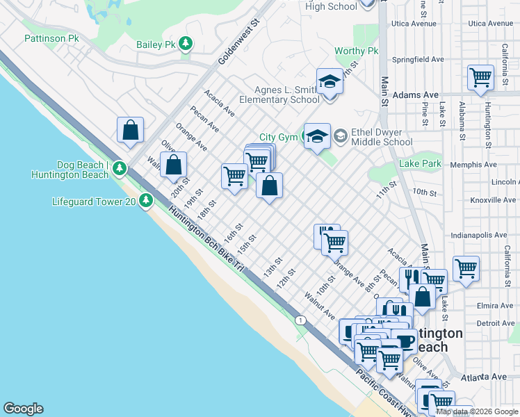map of restaurants, bars, coffee shops, grocery stores, and more near 308 16th Street in Huntington Beach