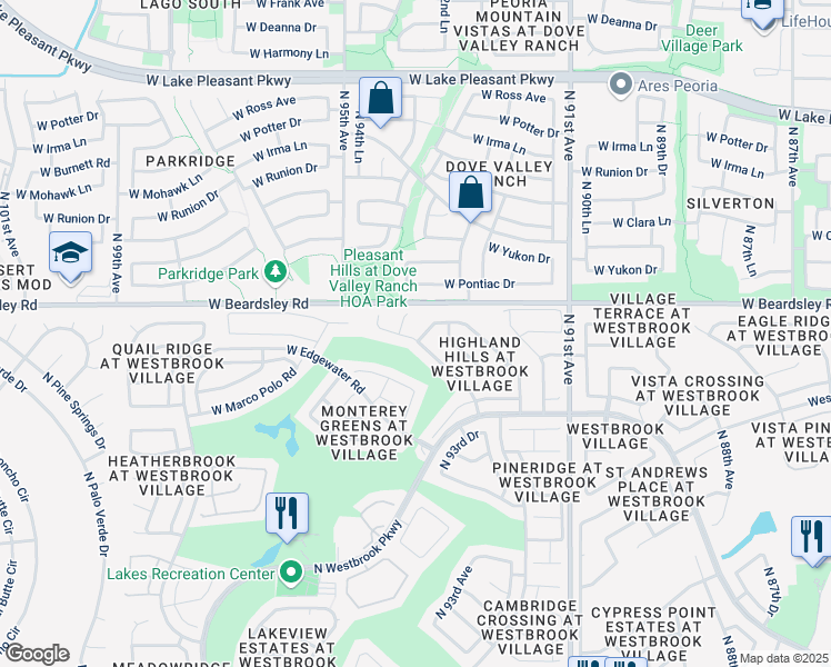 map of restaurants, bars, coffee shops, grocery stores, and more near 9373 West Escuda Drive in Peoria