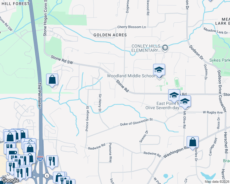 map of restaurants, bars, coffee shops, grocery stores, and more near 3370 Hagger Way in East Point