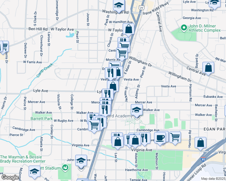 map of restaurants, bars, coffee shops, grocery stores, and more near 3293 Main Street in College Park