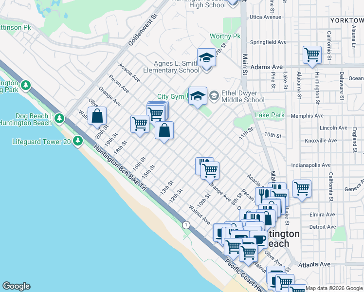 map of restaurants, bars, coffee shops, grocery stores, and more near 422 14th Street in Huntington Beach