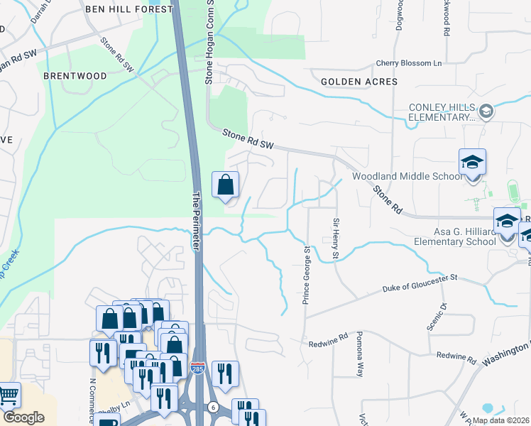 map of restaurants, bars, coffee shops, grocery stores, and more near 2894 Ridgeview Drive in Atlanta