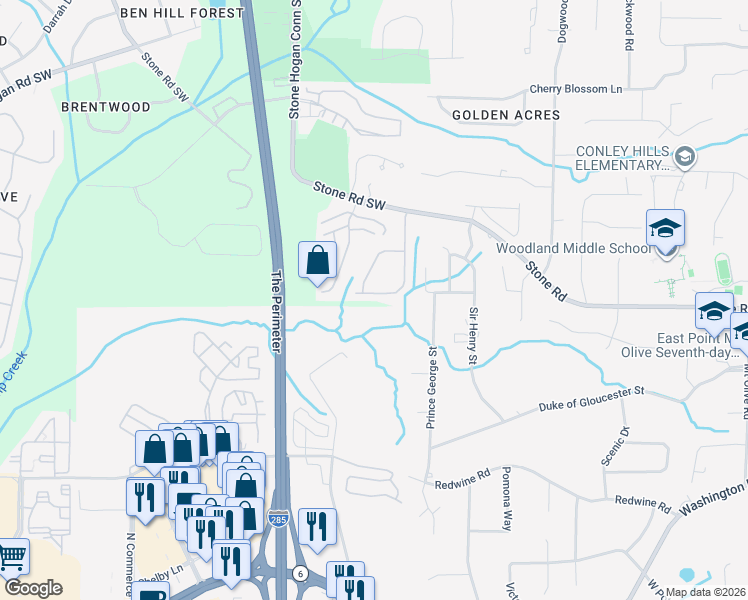 map of restaurants, bars, coffee shops, grocery stores, and more near 2904 Ridgeview Drive in Atlanta