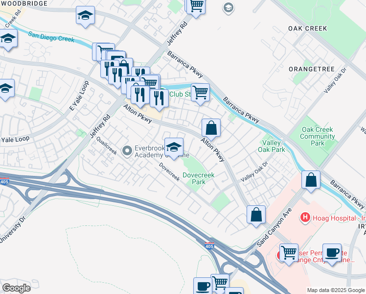 map of restaurants, bars, coffee shops, grocery stores, and more near 51 Eaglecreek in Irvine