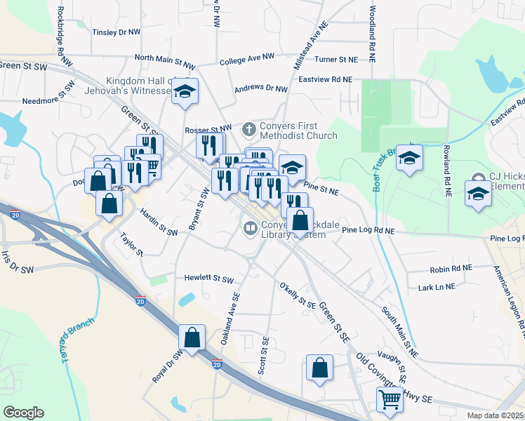 map of restaurants, bars, coffee shops, grocery stores, and more near 923 Commercial Street Northeast in Conyers
