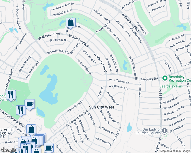 map of restaurants, bars, coffee shops, grocery stores, and more near 13339 West La Terraza Drive in Sun City West
