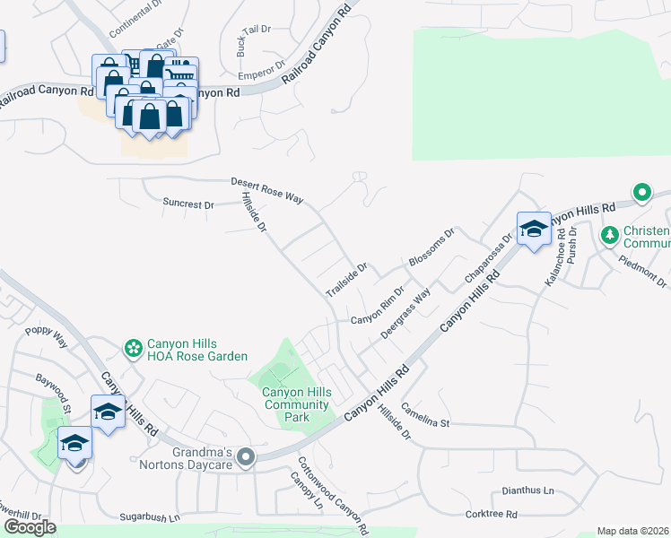 map of restaurants, bars, coffee shops, grocery stores, and more near 35423 Ocotillo Court in Lake Elsinore