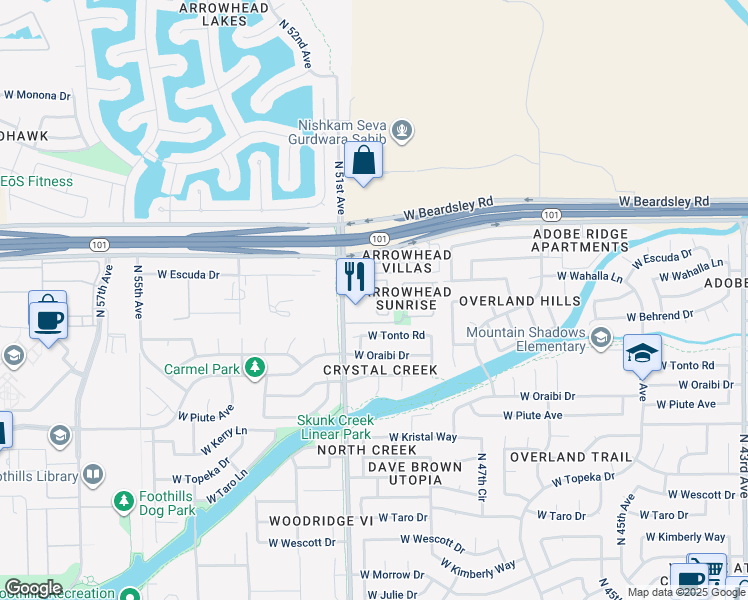 map of restaurants, bars, coffee shops, grocery stores, and more near 19955 North 51st Avenue in Glendale