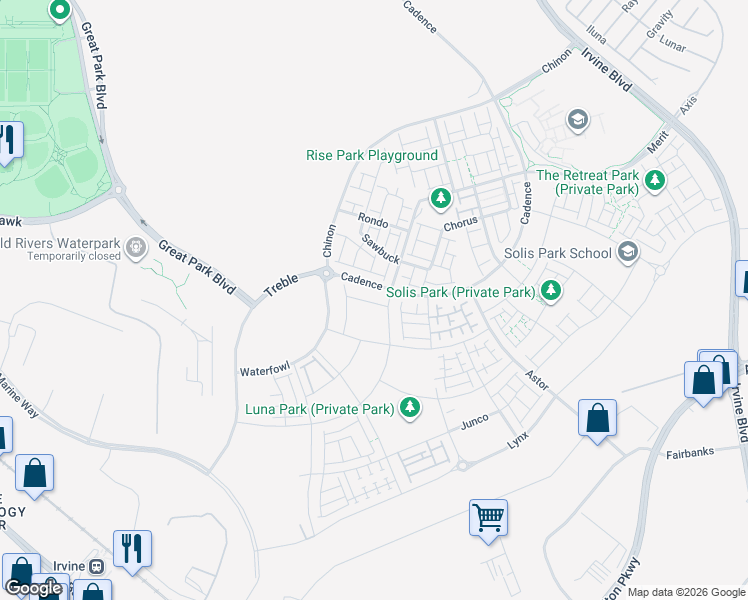 map of restaurants, bars, coffee shops, grocery stores, and more near Marine Way in Irvine
