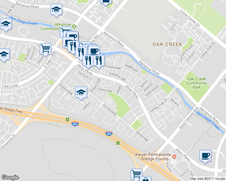 map of restaurants, bars, coffee shops, grocery stores, and more near 49 Eaglecreek in Irvine