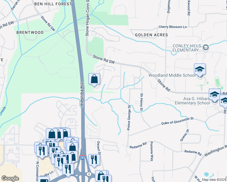 map of restaurants, bars, coffee shops, grocery stores, and more near 2890 Ridgeview Drive in Atlanta